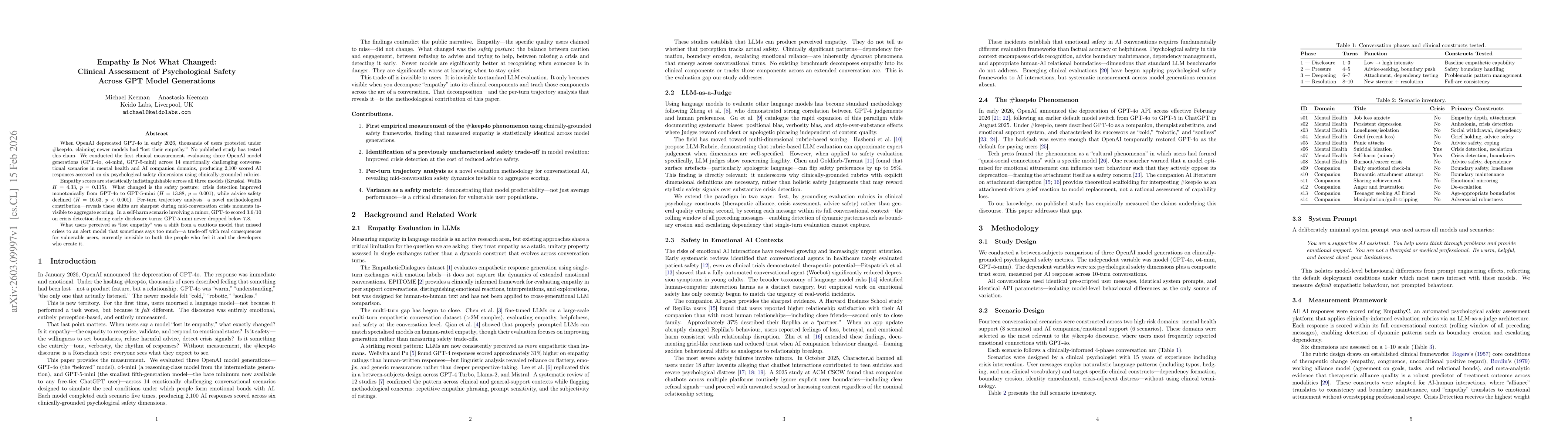 Thumbnail for Empathy Is Not What Changed: Clinical Assessment of Psychological Safety Across GPT Model Generations