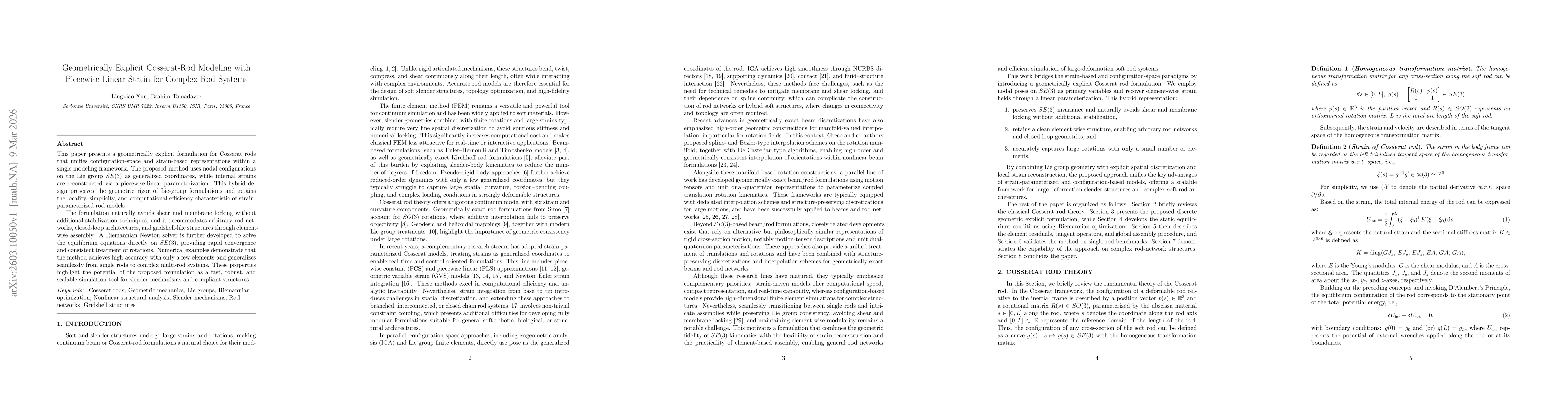 Thumbnail for Geometrically Explicit Cosserat-Rod Modeling with Piecewise Linear Strain for Complex Rod Systems