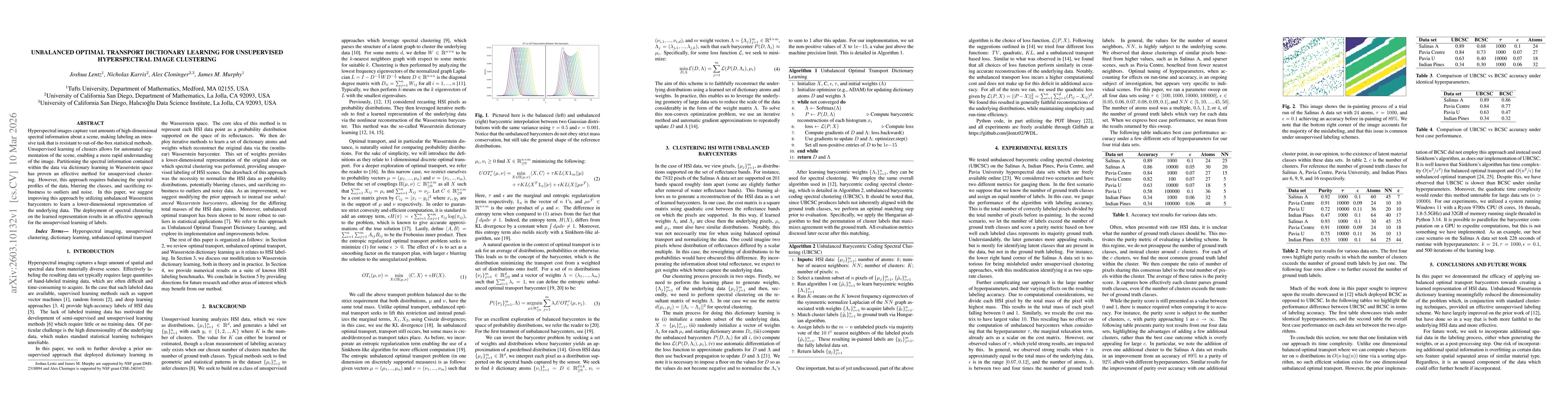 Thumbnail for Unbalanced Optimal Transport Dictionary Learning for Unsupervised Hyperspectral Image Clustering