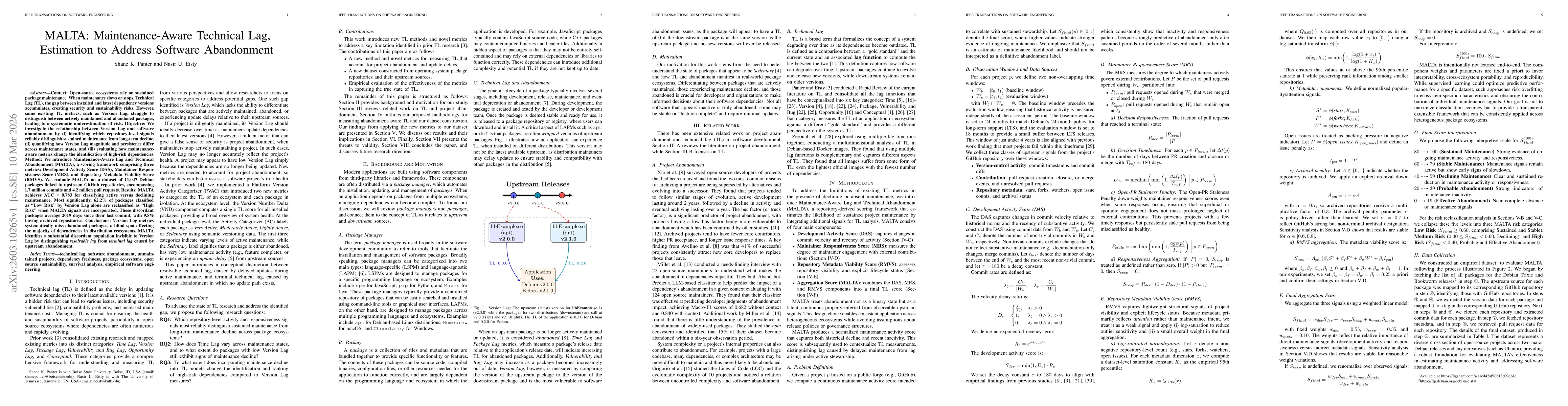 Thumbnail for MALTA: Maintenance-Aware Technical Lag, Estimation to Address Software Abandonment
