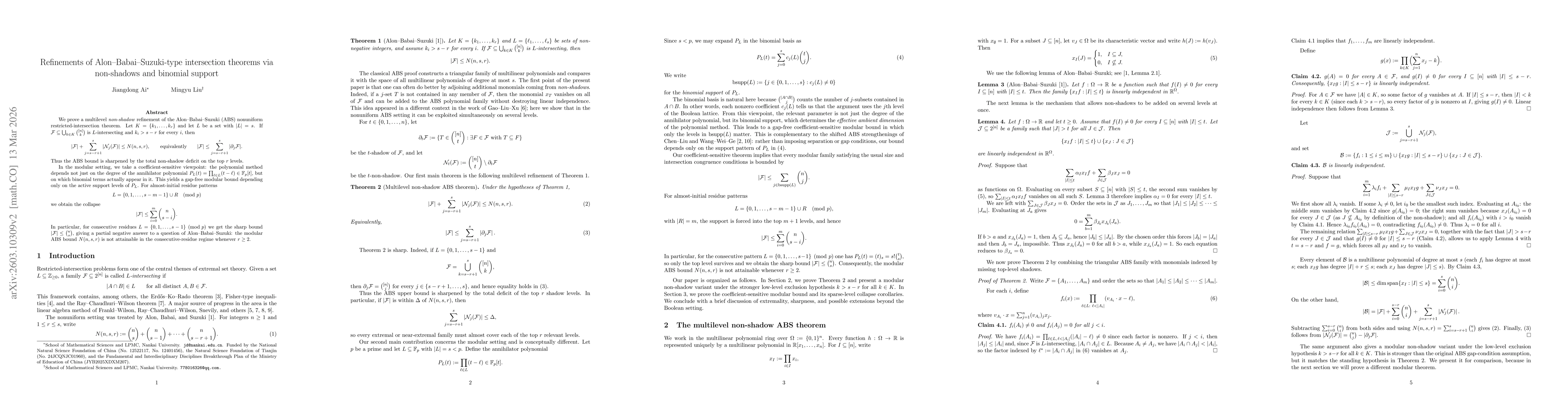 Thumbnail for Refinements of Alon-Babai-Suzuki-type intersection theorems via non-shadows and binomial support
