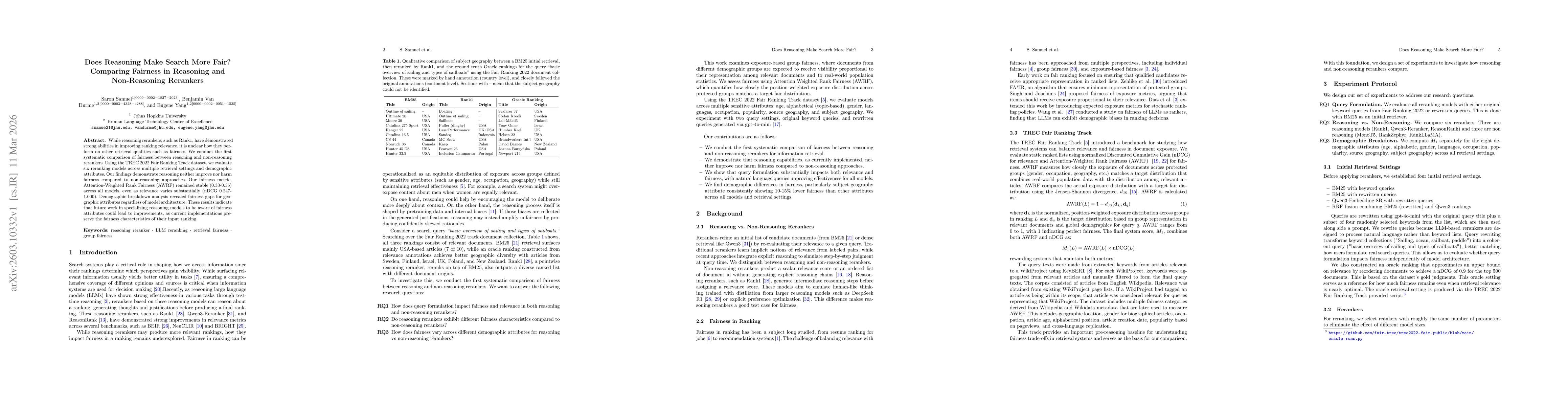 Thumbnail for Does Reasoning Make Search More Fair? Comparing Fairness in Reasoning and Non-Reasoning Rerankers