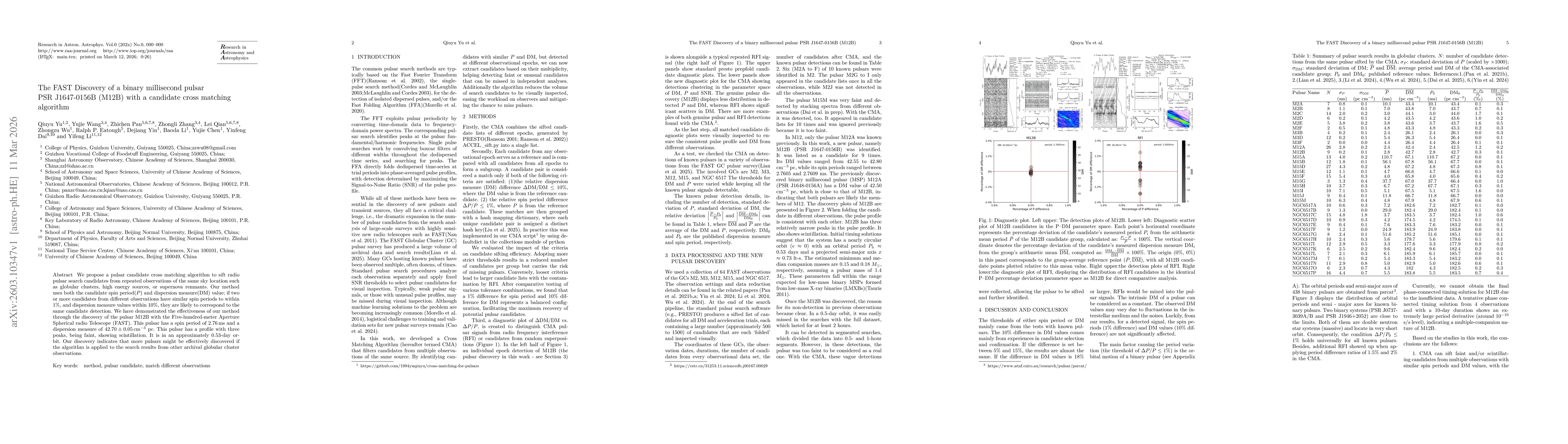 Thumbnail for The FAST Discovery of a binary millisecond pulsar PSR~J1647-0156B (M12B) with a candidate cross matching algorithm