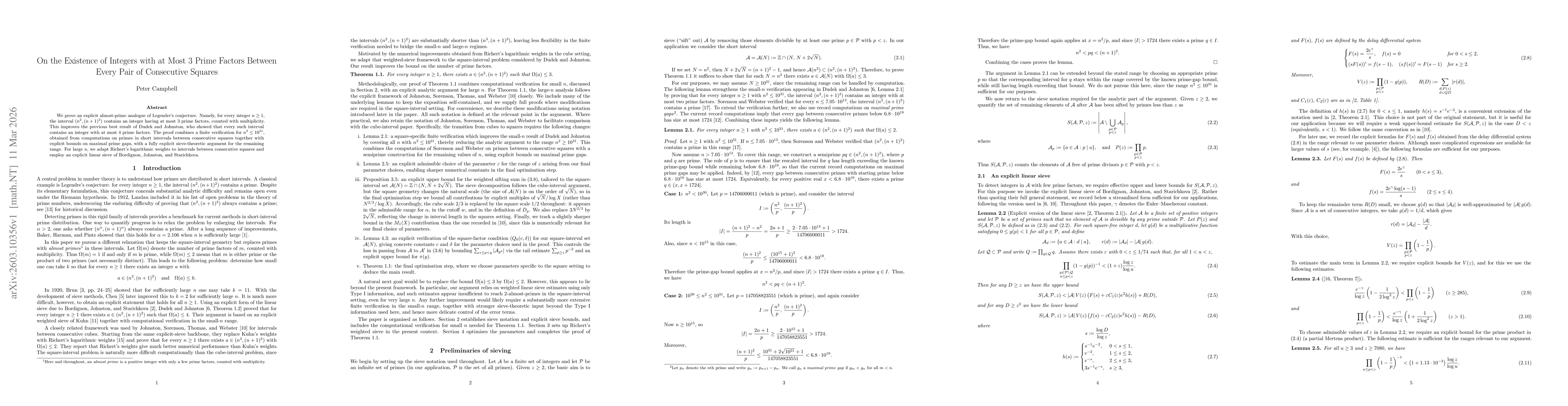 Thumbnail for On the Existence of Integers with at Most 3 Prime Factors Between Every Pair of Consecutive Squares