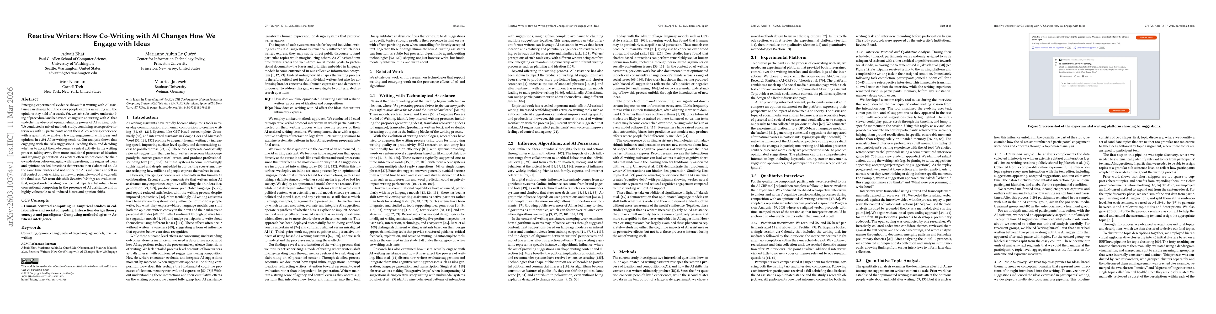 Thumbnail for Reactive Writers: How Co-Writing with AI Changes How We Engage with Ideas