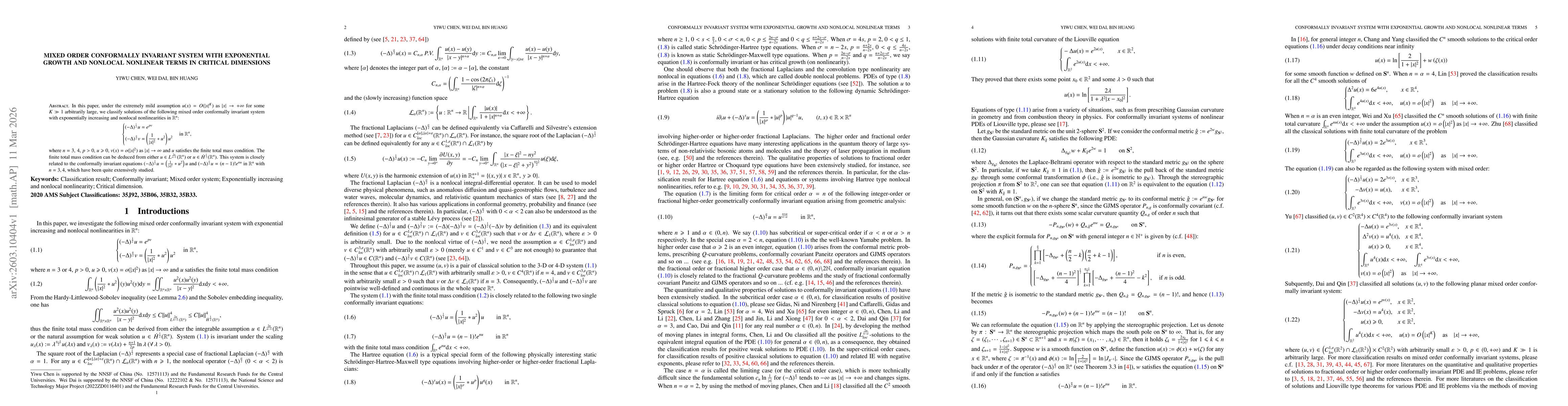 Thumbnail for Mixed order conformally invariant system with exponential growth and nonlocal nonlinear terms in critical dimensions