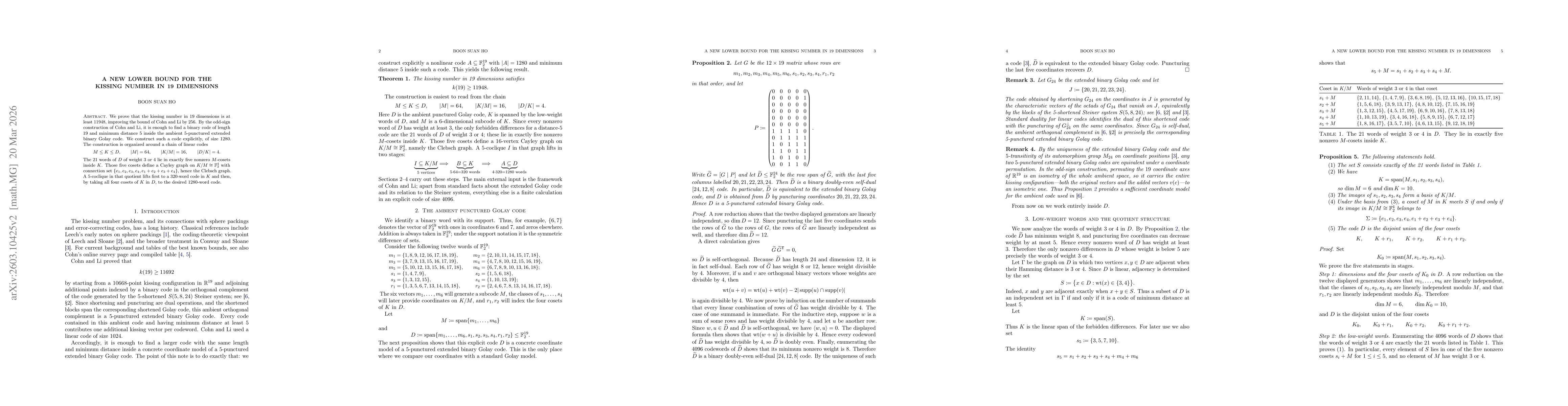 Thumbnail for A new lower bound for the kissing number in 19 dimensions