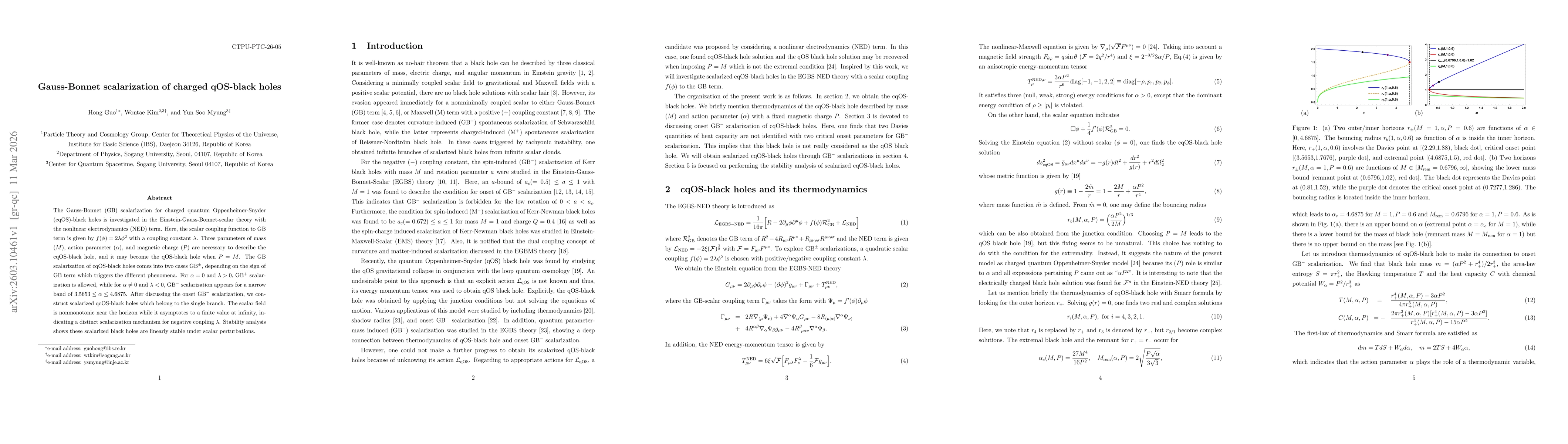 Thumbnail for Gauss-Bonnet scalarization of charged qOS-black holes