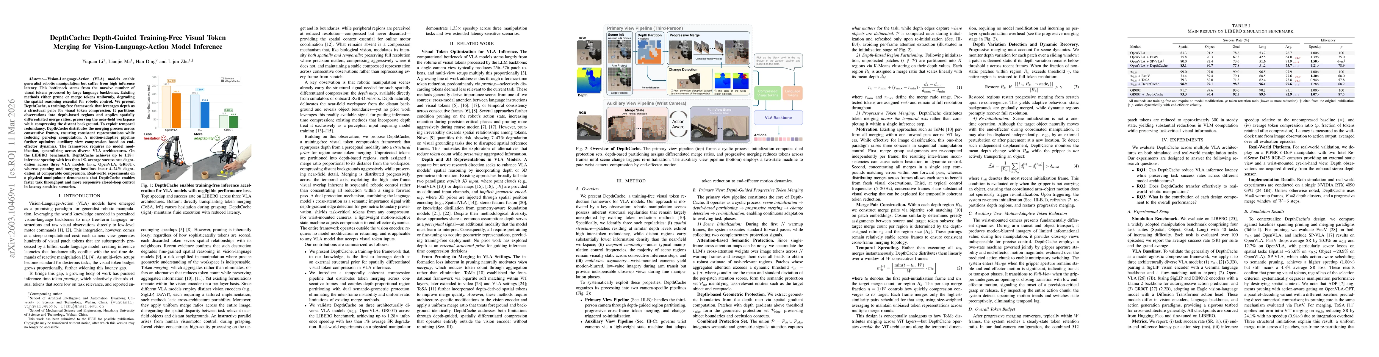 Thumbnail for DepthCache: Depth-Guided Training-Free Visual Token Merging for Vision-Language-Action Model Inference