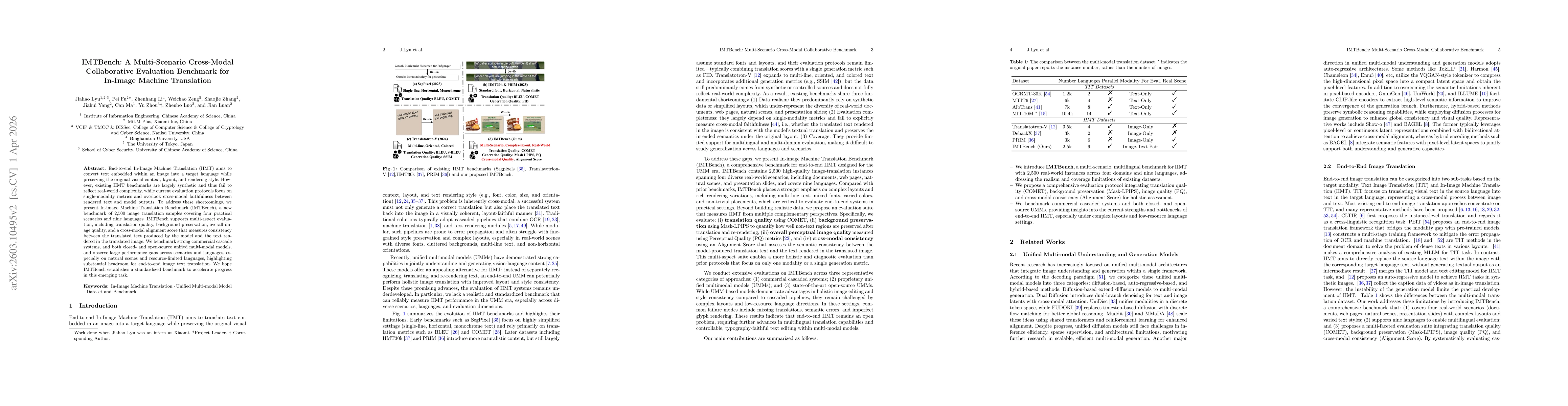 Thumbnail for IMTBench: A Multi-Scenario Cross-Modal Collaborative Evaluation Benchmark for In-Image Machine Translation