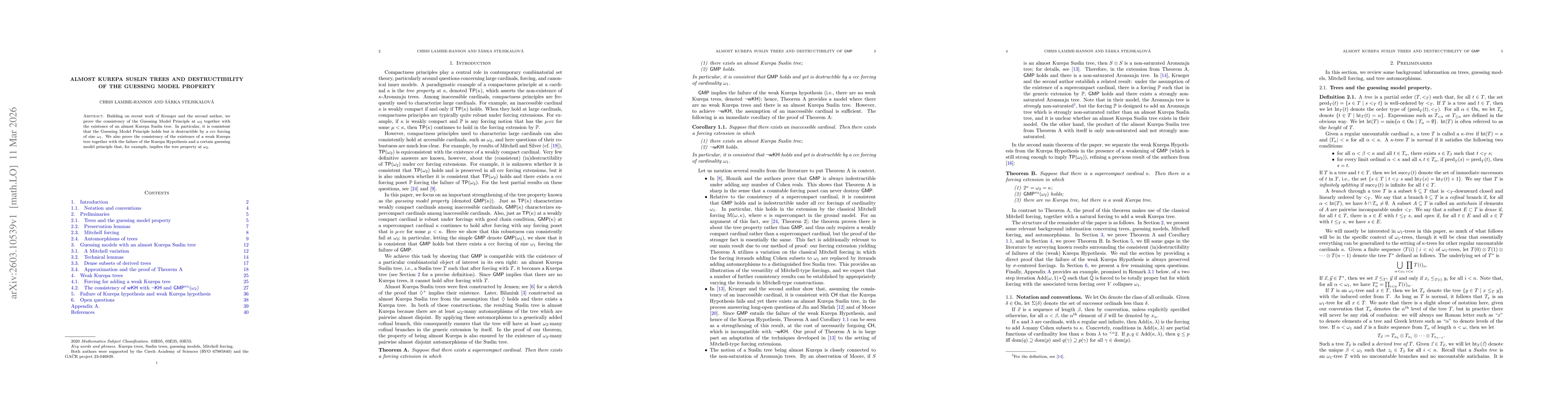 Thumbnail for Almost Kurepa Suslin trees and destructibility of the Guessing Model Property
