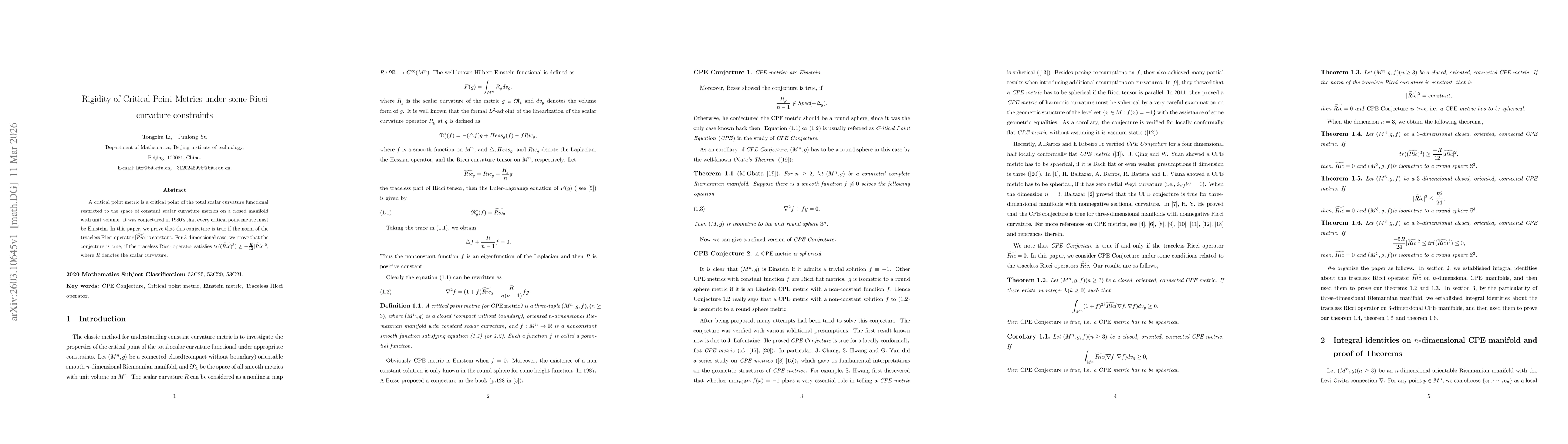 Thumbnail for Rigidity of Critical Point Metrics under some Ricci curvature constraints