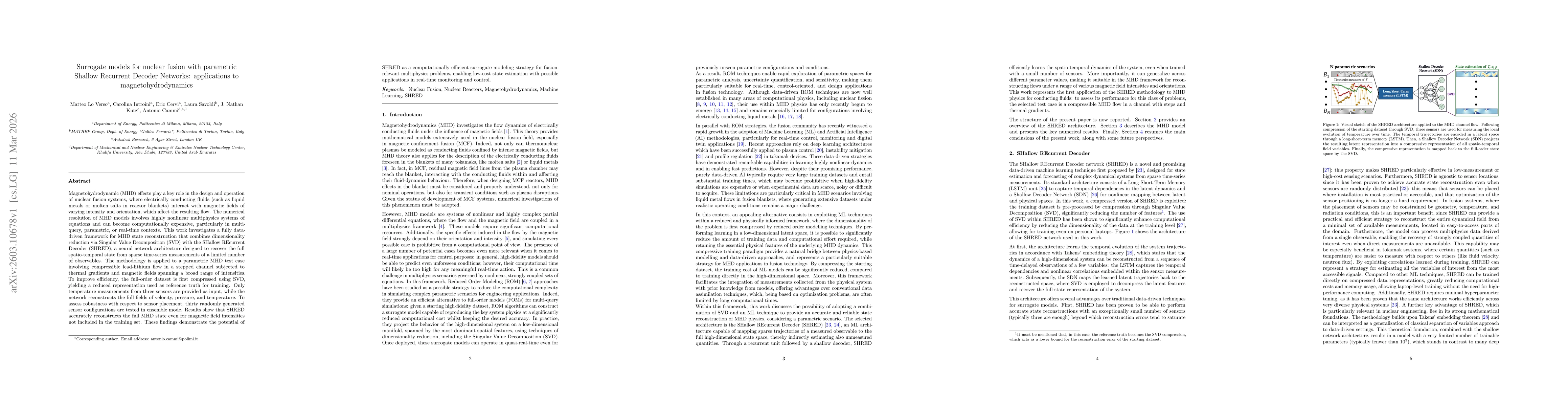 Thumbnail for Surrogate models for nuclear fusion with parametric Shallow Recurrent Decoder Networks: applications to magnetohydrodynamics