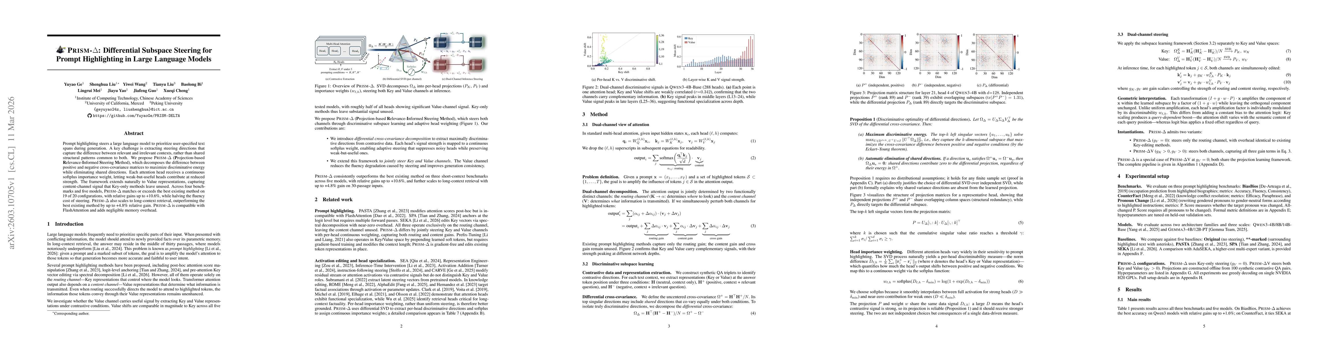 Thumbnail for Prism-$Δ$: Differential Subspace Steering for Prompt Highlighting in Large Language Models