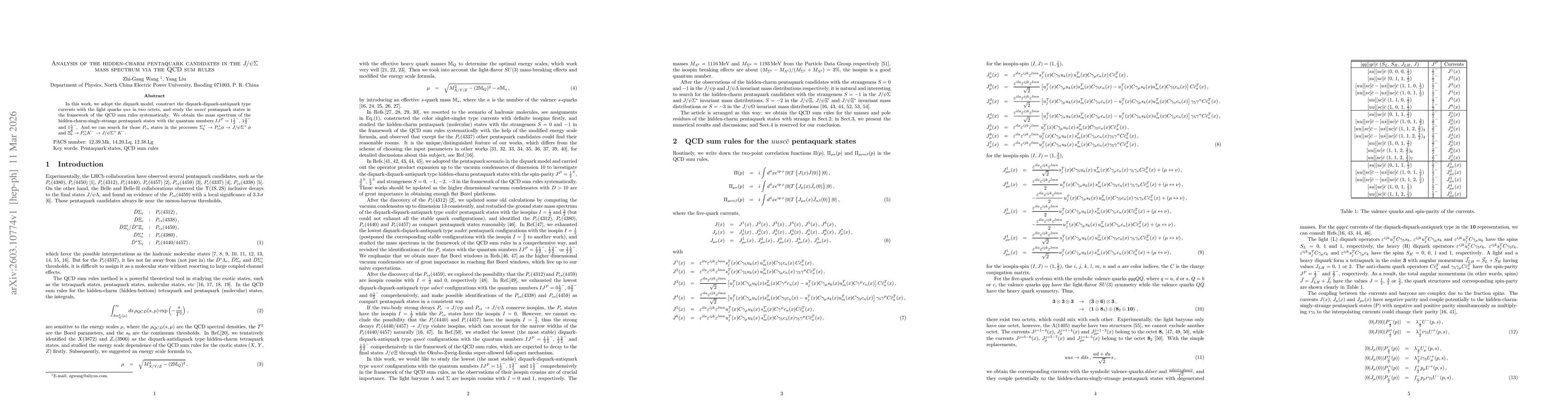 Thumbnail for Analysis of the hidden-charm pentaquark candidates in the $J/ψΣ$ mass spectrum via the QCD sum rules