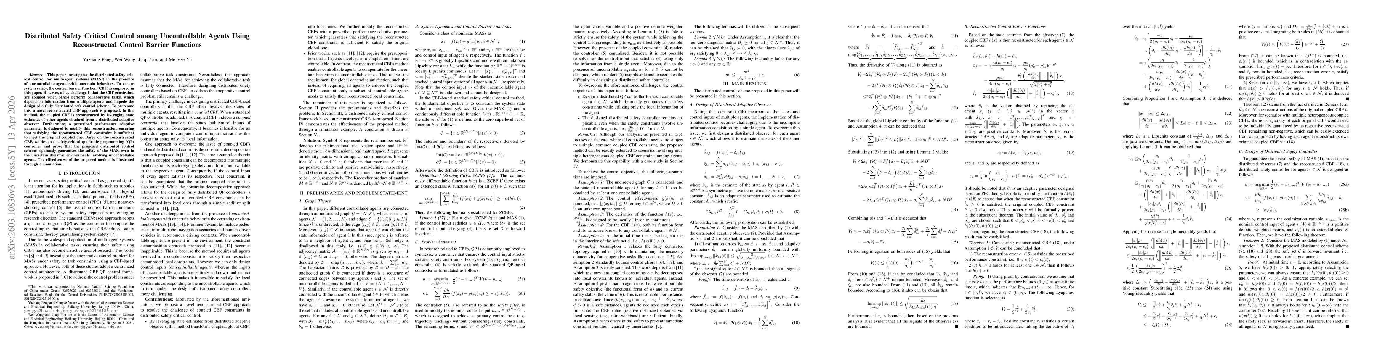 Thumbnail for Distributed Safety Critical Control among Uncontrollable Agents using Reconstructed Control Barrier Functions