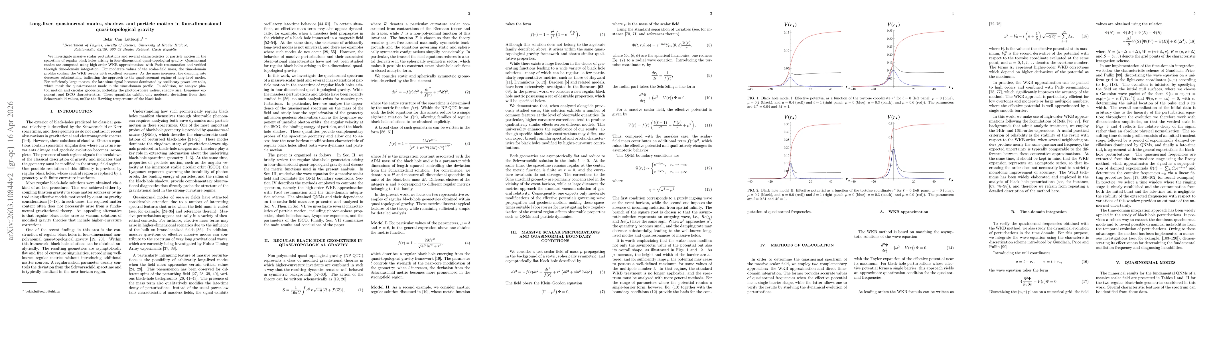 Thumbnail for Long-lived quasinormal modes, shadows and particle motion in four-dimensional quasi-topological gravity