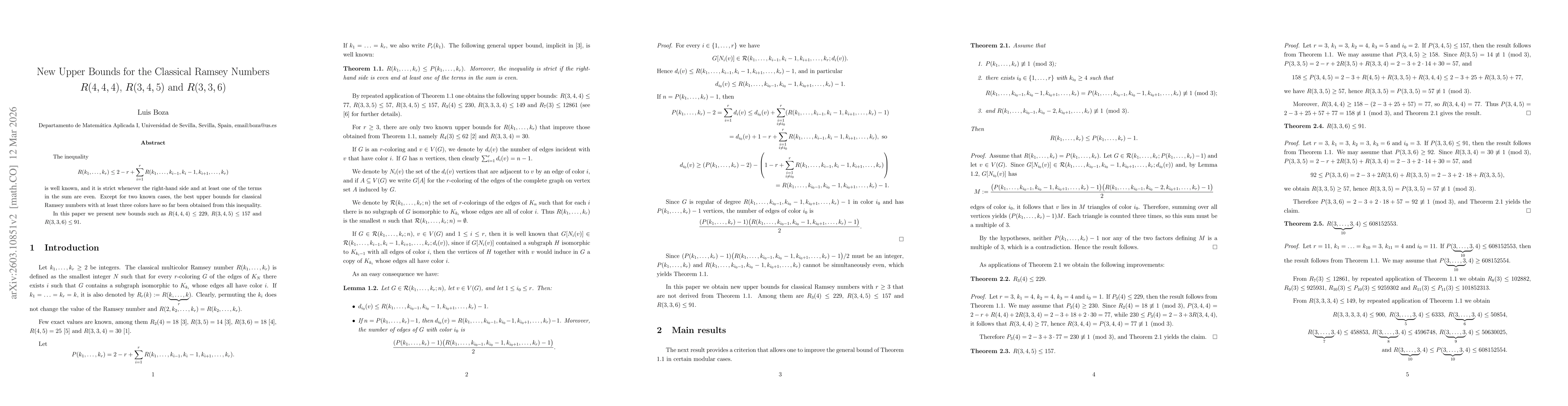 Thumbnail for New Upper Bounds for the Classical Ramsey Numbers $R(4,4,4)$, $R(3,4,5)$ and $R(3,3,6)$