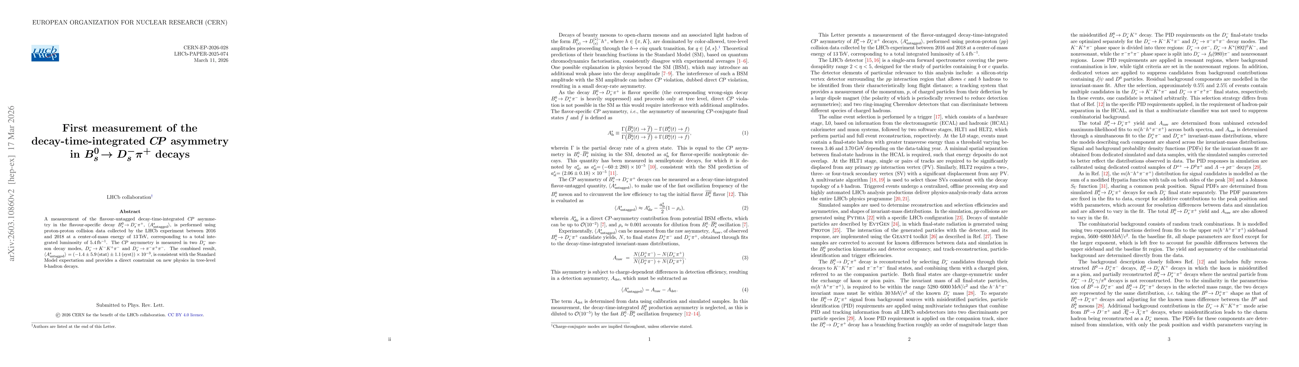 Thumbnail for First measurement of the decay-time-integrated $C\!P$ asymmetry in $B_s^0 \to D_s^- π^+$ decays