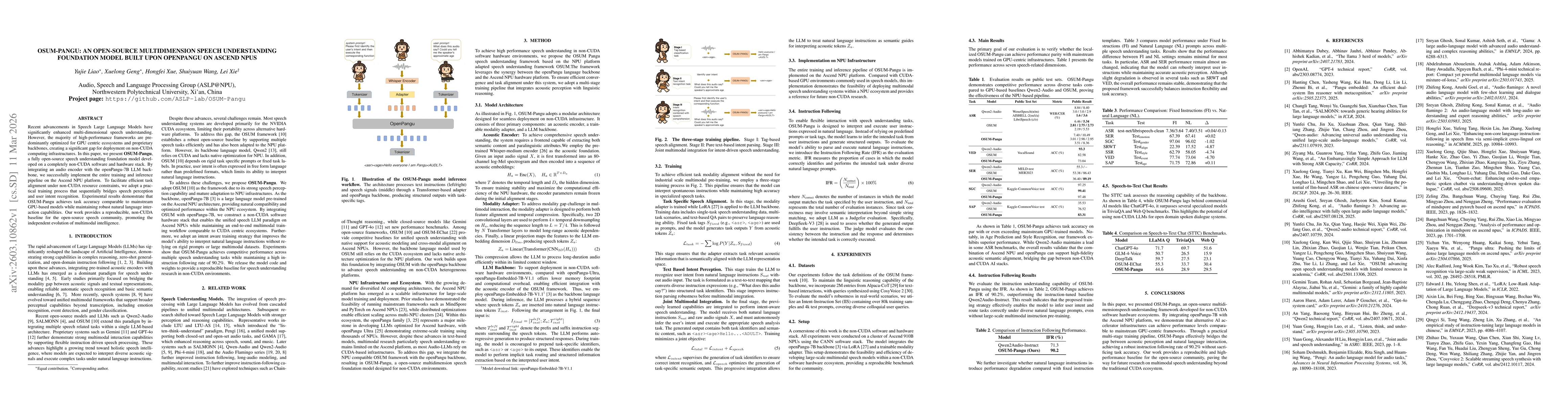 Thumbnail for OSUM-Pangu: An Open-Source Multidimension Speech Understanding Foundation Model Built upon OpenPangu on Ascend NPUs
