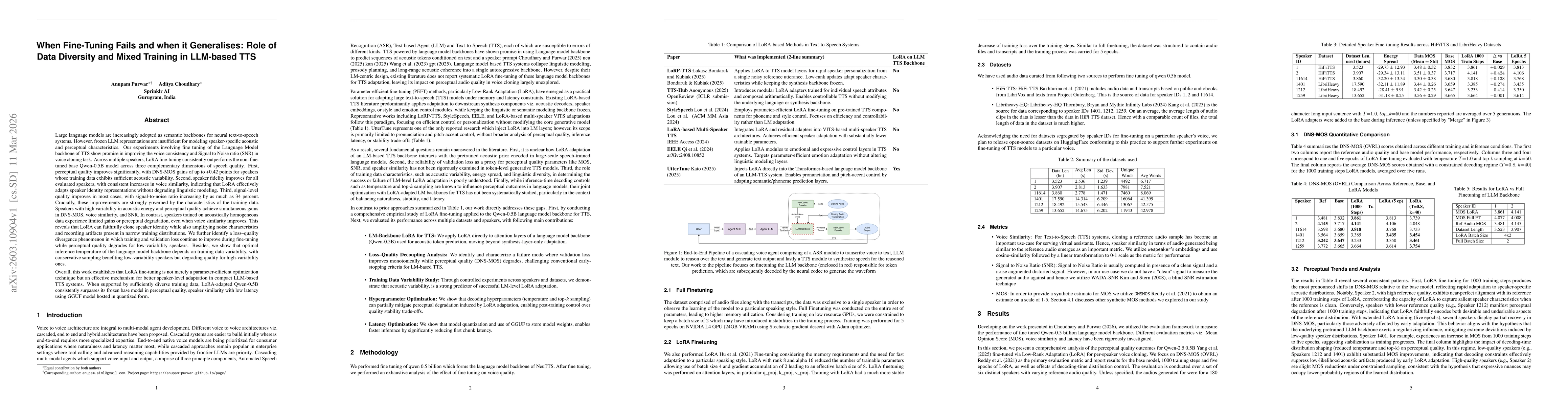 Thumbnail for When Fine-Tuning Fails and when it Generalises: Role of Data Diversity and Mixed Training in LLM-based TTS