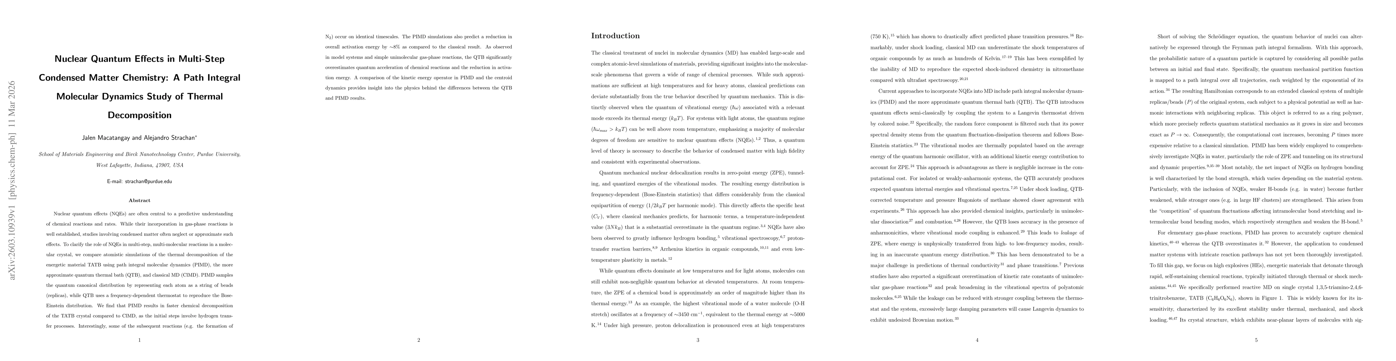 Thumbnail for Nuclear Quantum Effects in Multi-Step Condensed Matter Chemistry: A Path Integral Molecular Dynamics Study of Thermal Decomposition