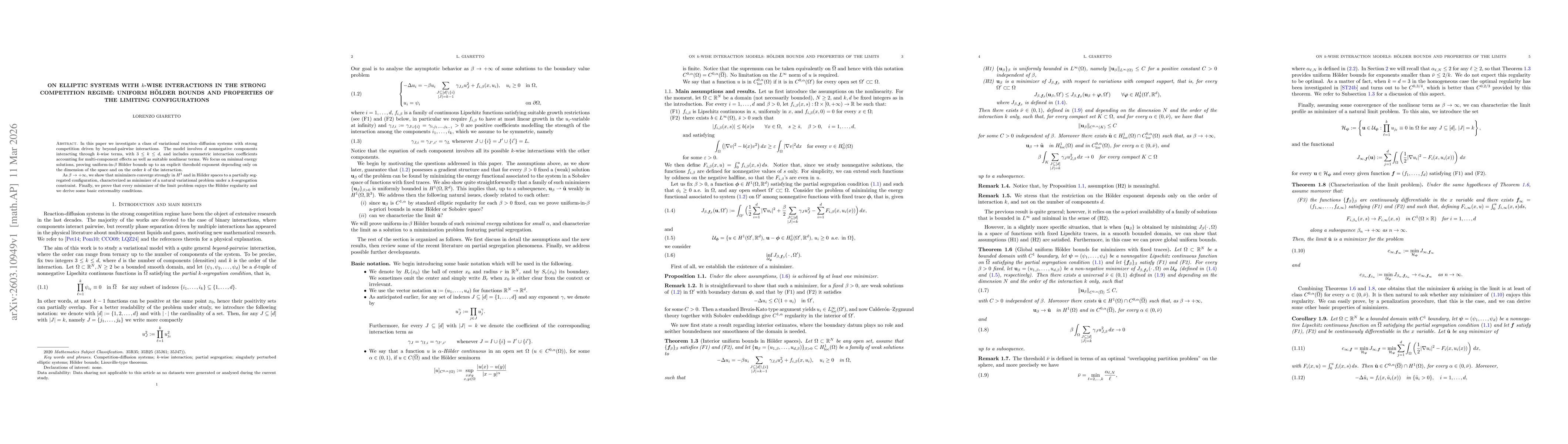 Thumbnail for On elliptic systems with $k$-wise interactions in the strong competition regime: uniform Hölder bounds and properties of the limiting configurations