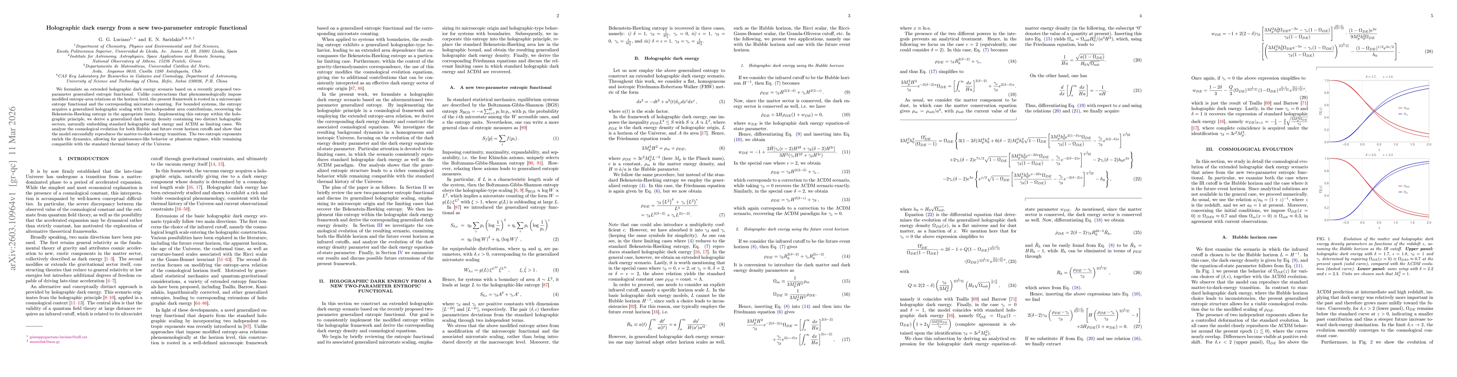 Thumbnail for Holographic dark energy from a new two-parameter entropic functional