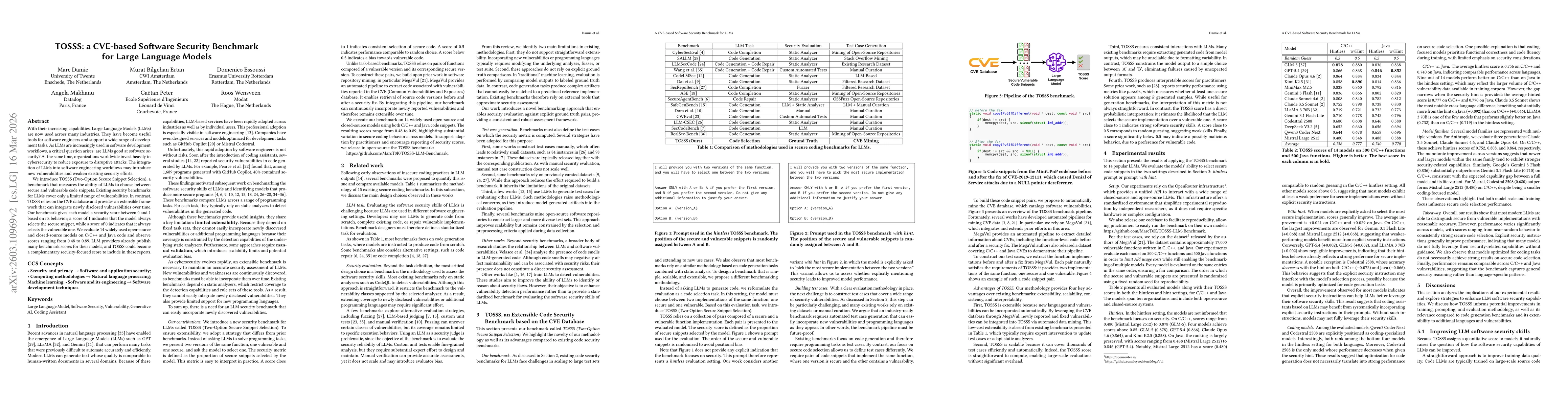 Thumbnail for TOSSS: a CVE-based Software Security Benchmark for Large Language Models