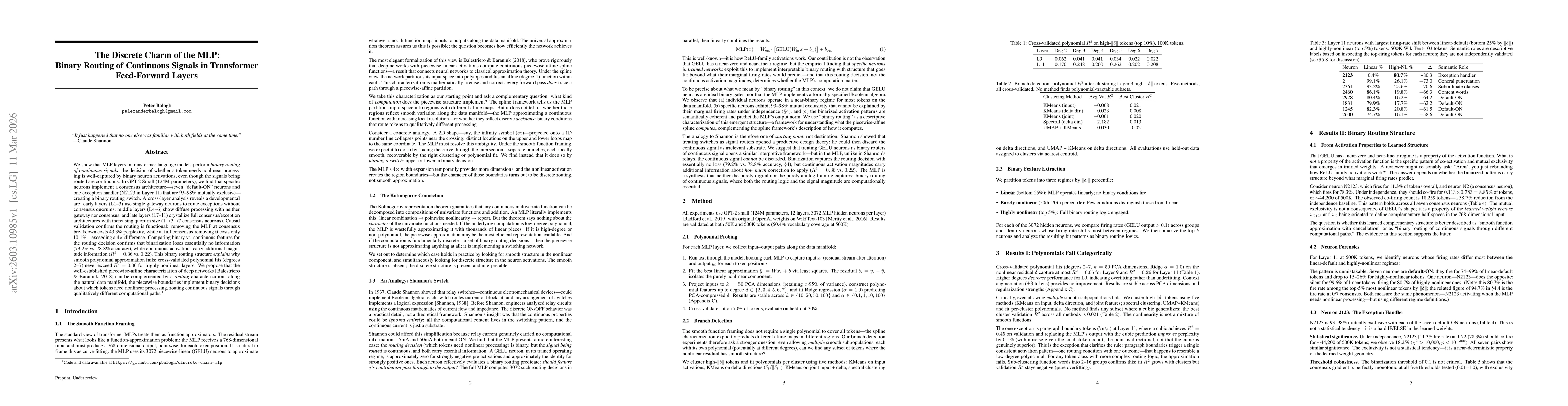 Thumbnail for The Discrete Charm of the MLP: Binary Routing of Continuous Signals in Transformer Feed-Forward Layers