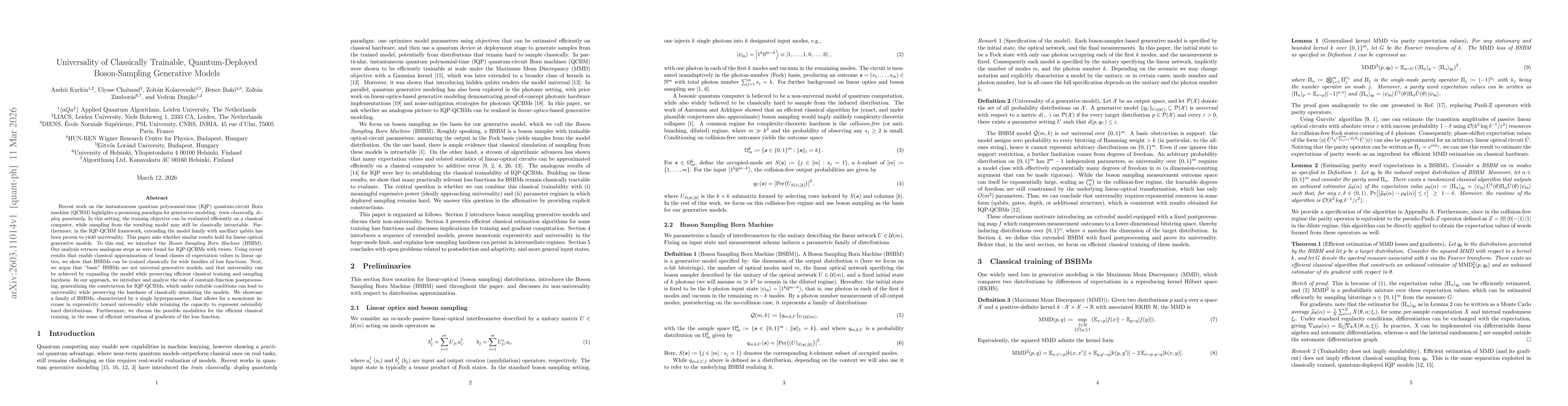 Thumbnail for Universality of Classically Trainable, Quantum-Deployed Boson-Sampling Generative Models