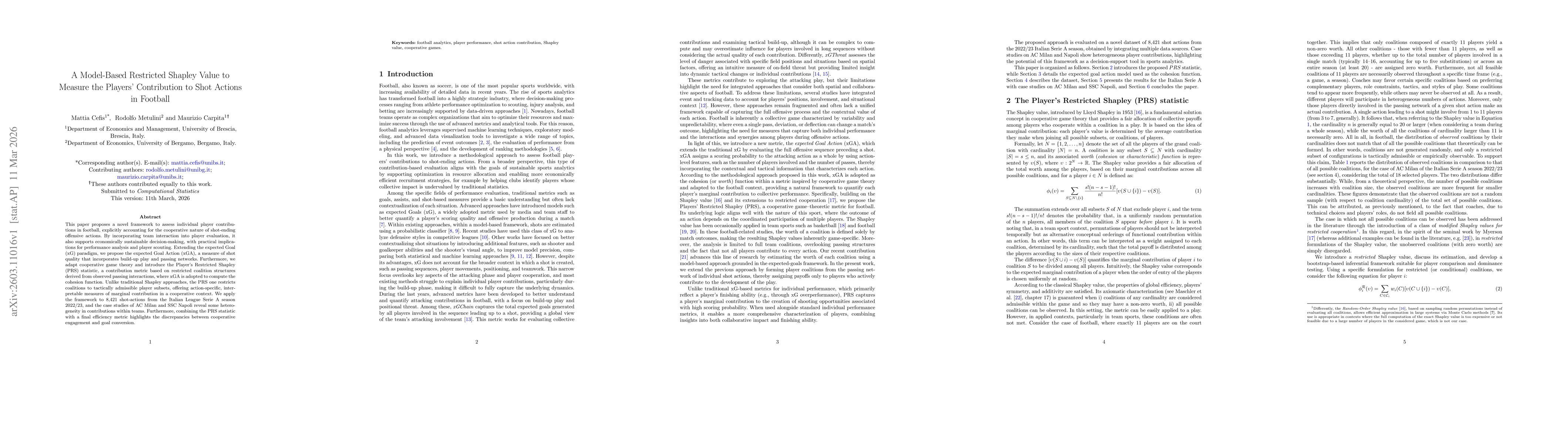 Thumbnail for A Model-Based Restricted Shapley Value to Measure the Players' Contribution to Shot Actions in Football