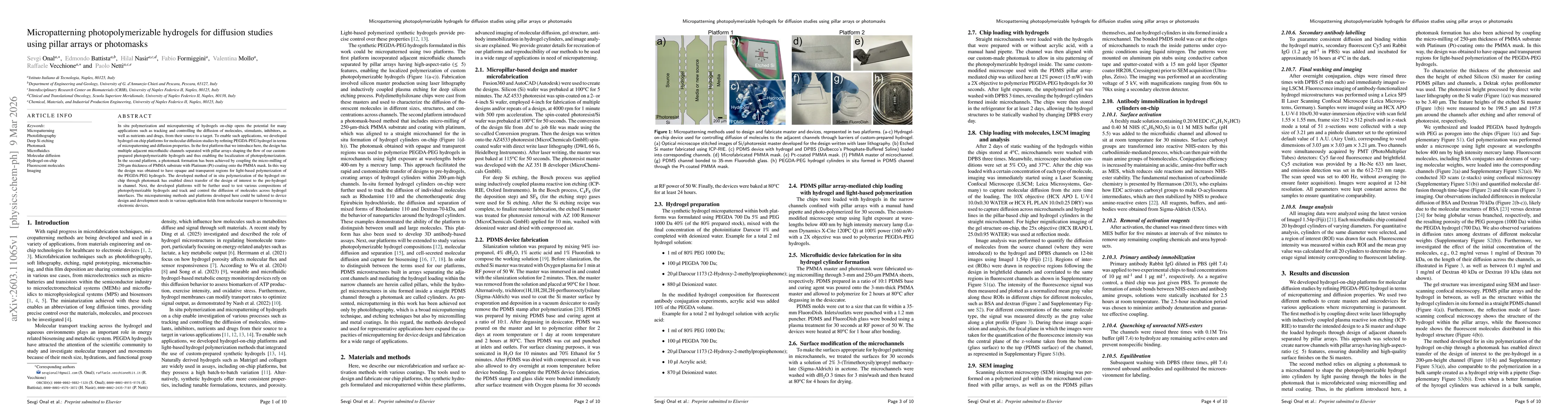 Thumbnail for Micropatterning photopolymerizable hydrogels for diffusion studies using pillar arrays or photomasks
