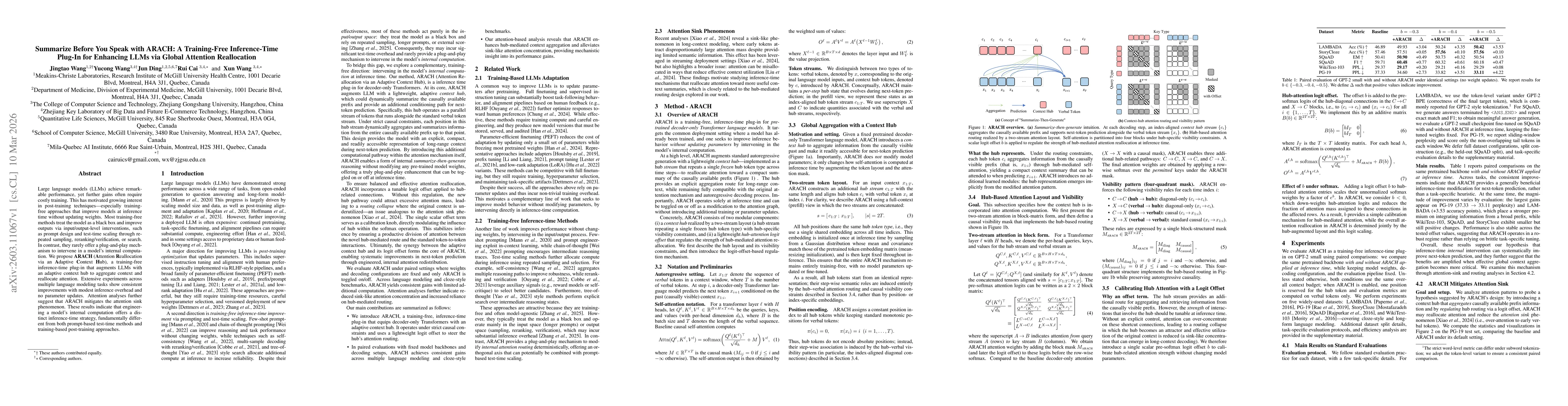 Thumbnail for Summarize Before You Speak with ARACH: A Training-Free Inference-Time Plug-In for Enhancing LLMs via Global Attention Reallocation