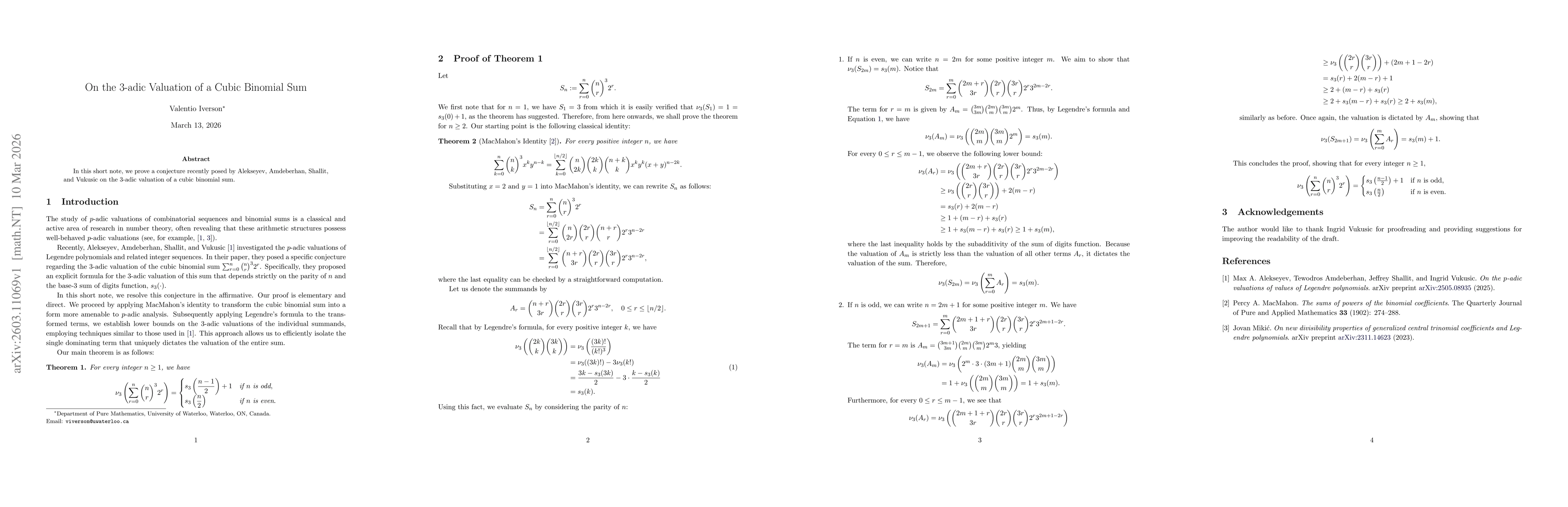 Thumbnail for On the 3-adic Valuation of a Cubic Binomial Sum