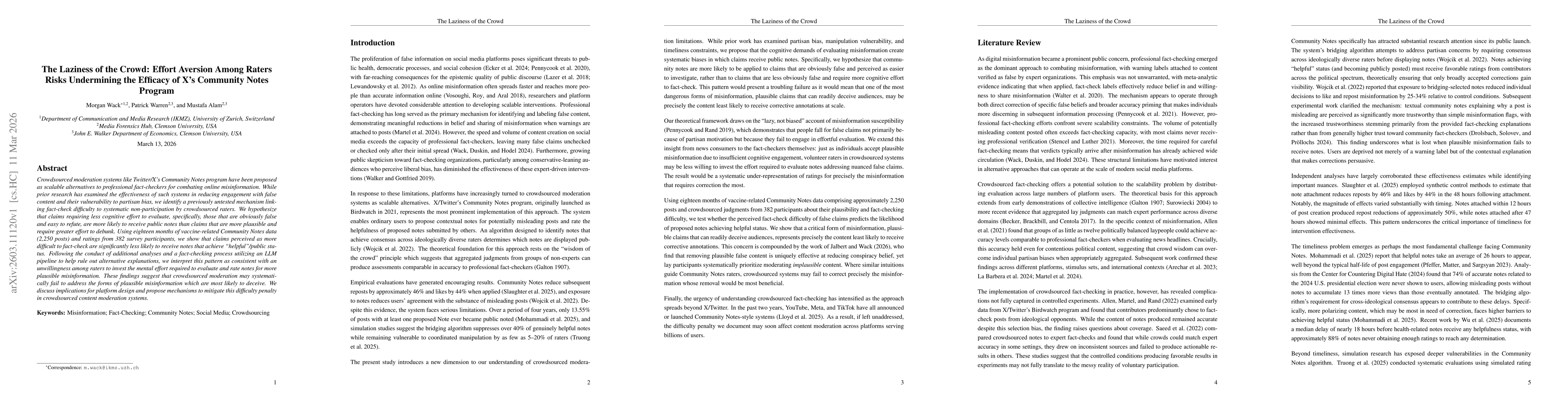 Thumbnail for The Laziness of the Crowd: Effort Aversion Among Raters Risks Undermining the Efficacy of X's Community Notes Program