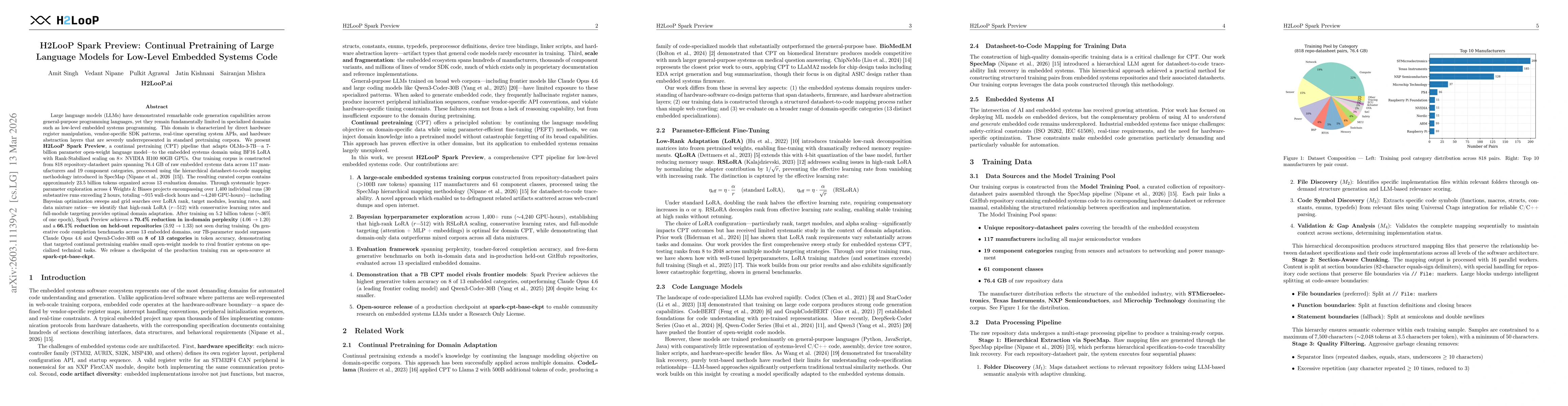 Thumbnail for H2LooP Spark Preview: Continual Pretraining of Large Language Models for Low-Level Embedded Systems Code