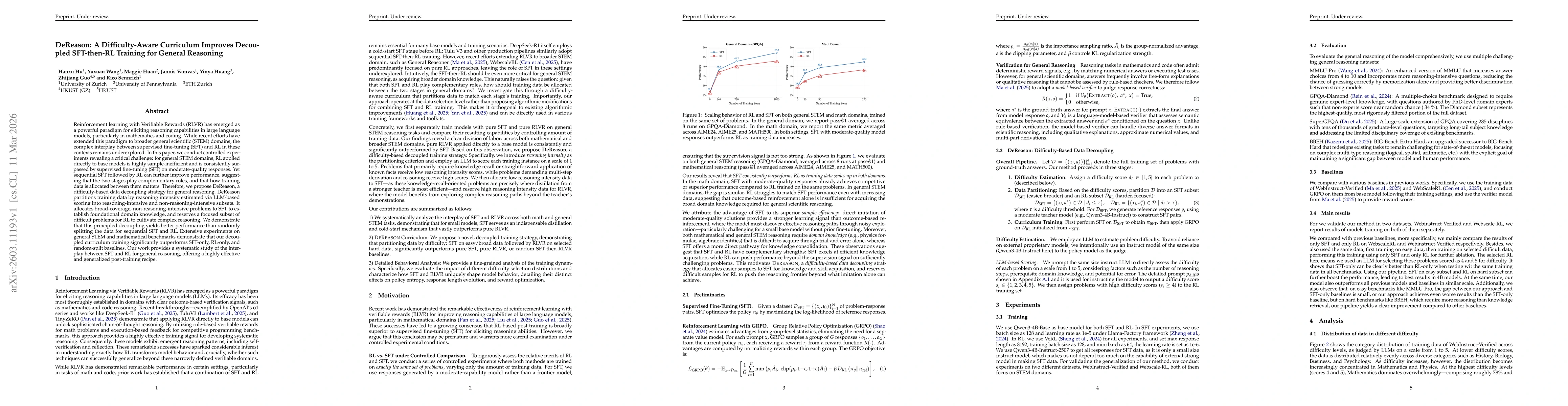 Thumbnail for DeReason: A Difficulty-Aware Curriculum Improves Decoupled SFT-then-RL Training for General Reasoning