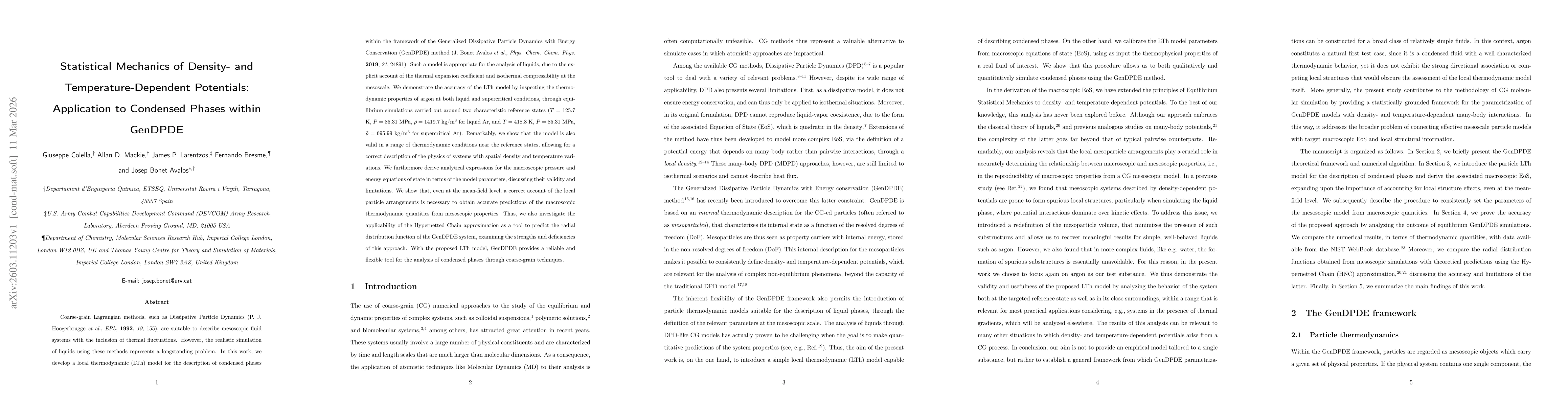 Thumbnail for Statistical Mechanics of Density- and Temperature-Dependent Potentials: Application to Condensed Phases within GenDPDE