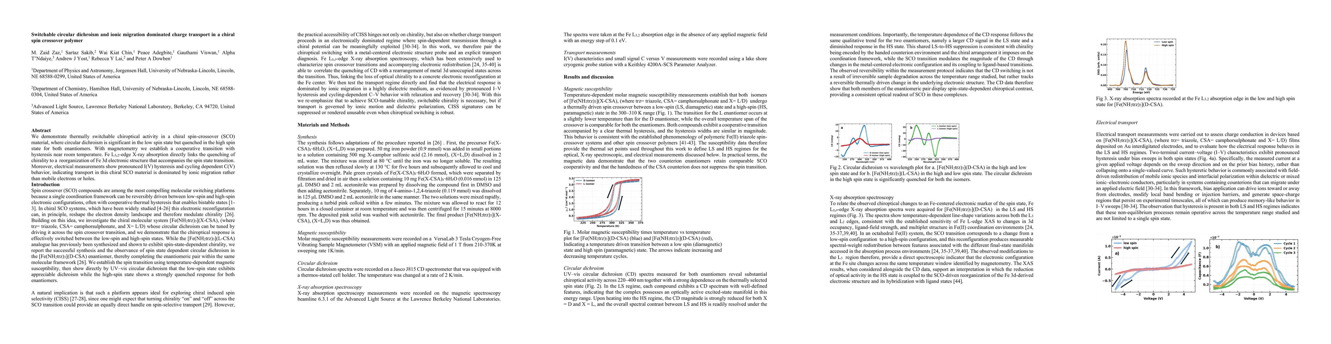 Thumbnail for Switchable circular dichroism and ionic migration dominated charge transport in a chiral spin crossover polymer
