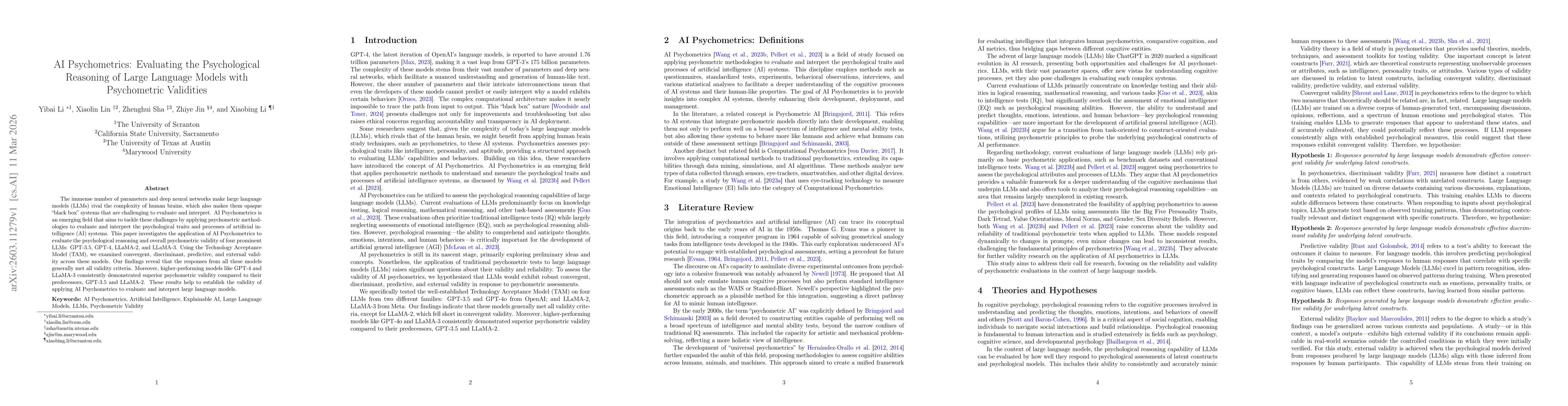 Thumbnail for AI Psychometrics: Evaluating the Psychological Reasoning of Large Language Models with Psychometric Validities