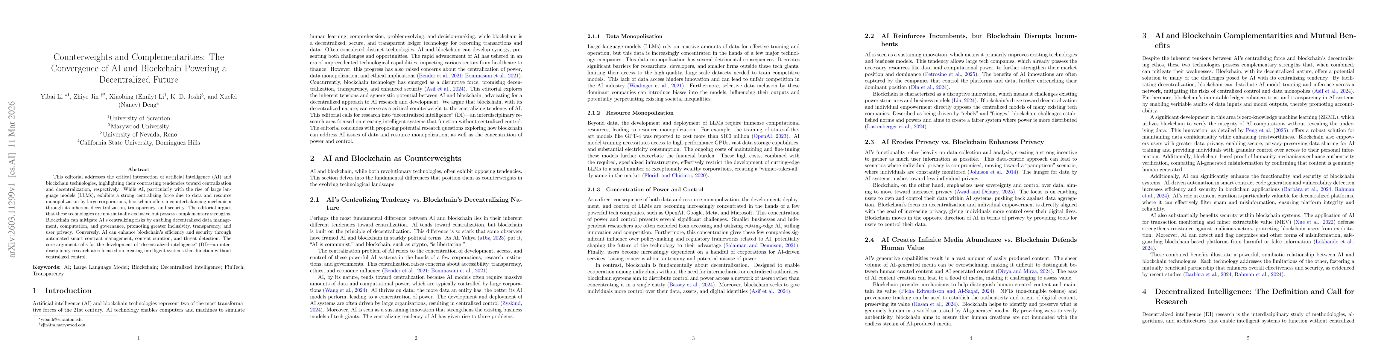 Thumbnail for Counterweights and Complementarities: The Convergence of AI and Blockchain Powering a Decentralized Future
