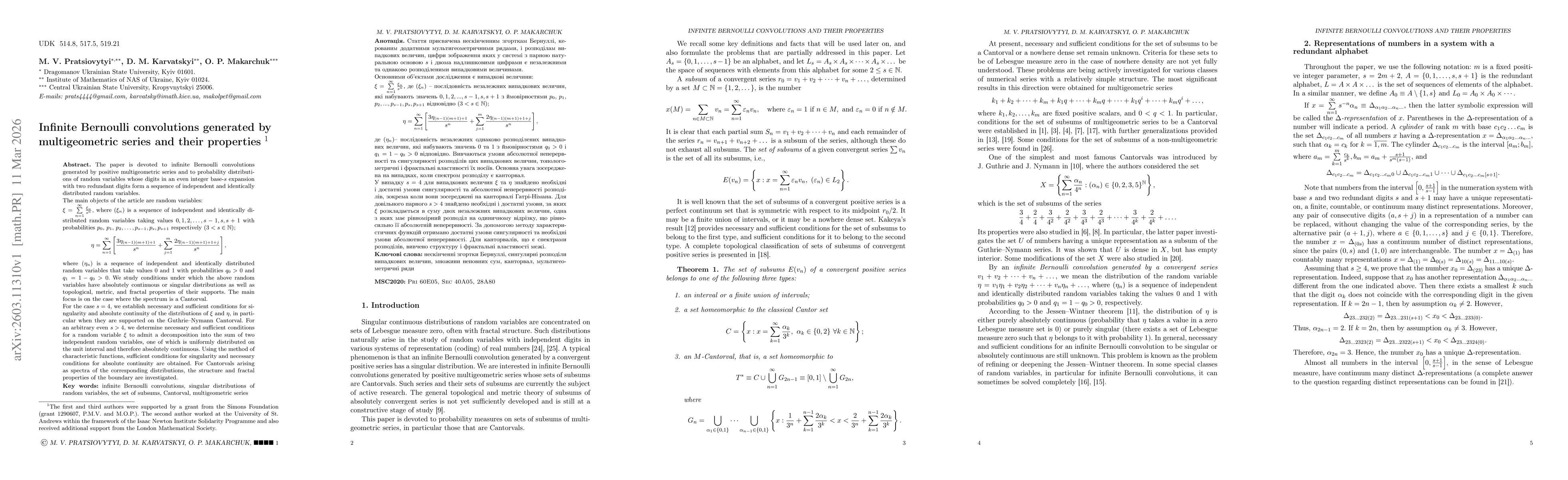 Thumbnail for Infinite Bernoulli convolutions generated by multigeometric series and their properties