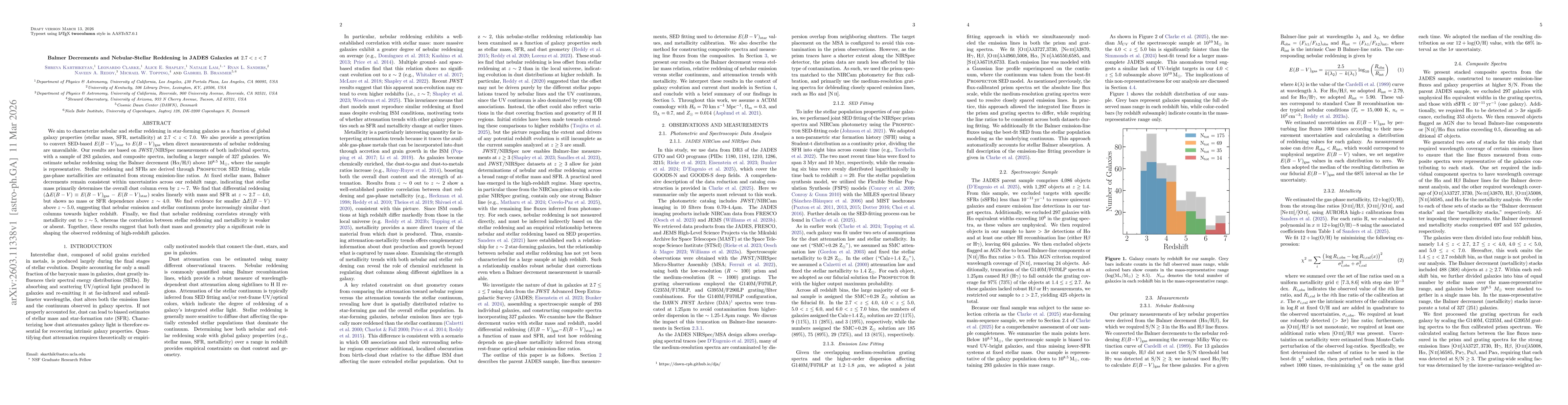 Thumbnail for Balmer Decrements and Nebular-Stellar Reddening in JADES Galaxies at $2.7<z<7$