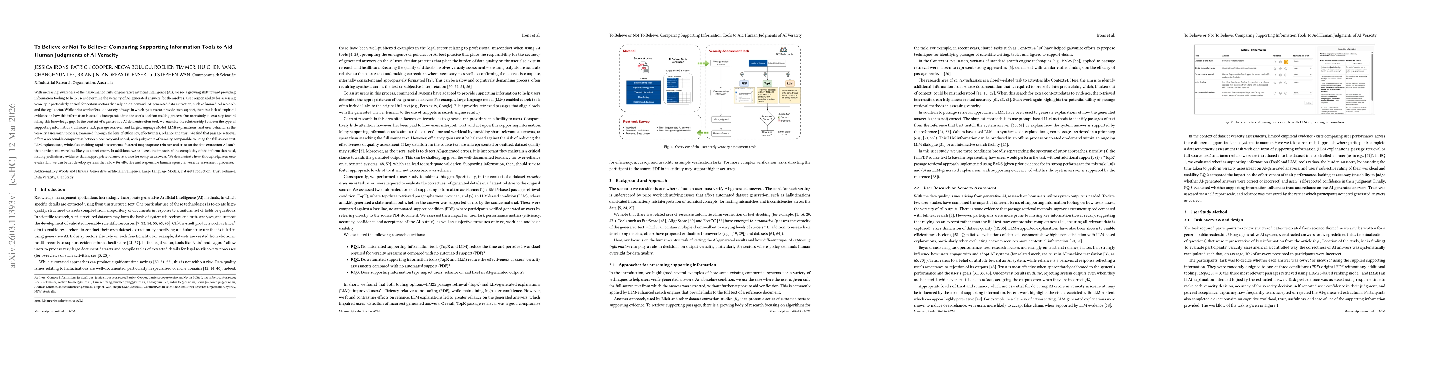 Thumbnail for To Believe or Not To Believe: Comparing Supporting Information Tools to Aid Human Judgments of AI Veracity