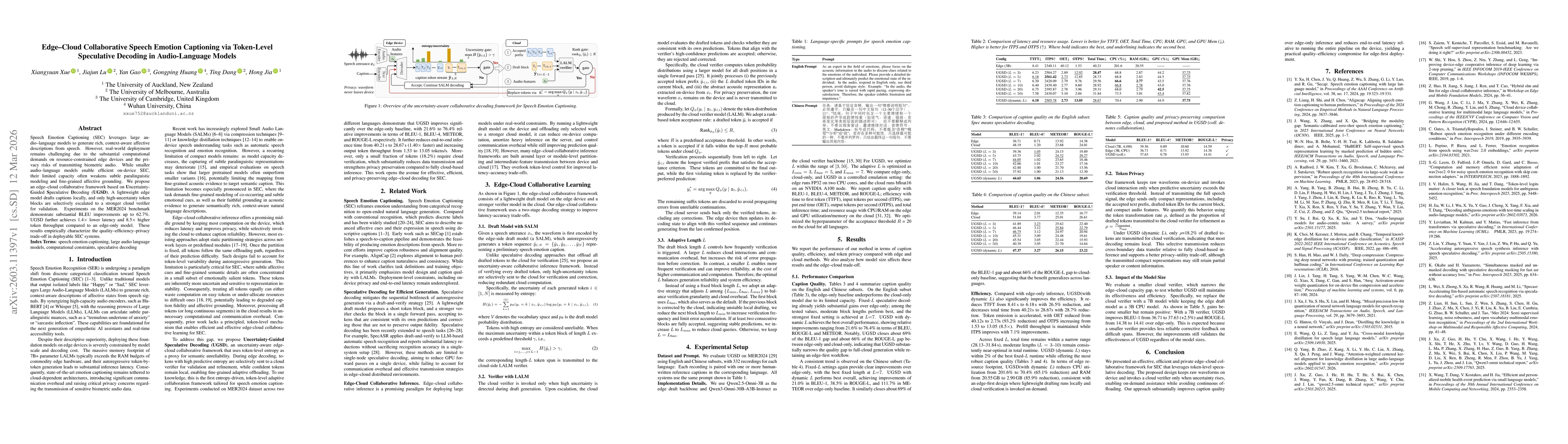 Thumbnail for Edge-Cloud Collaborative Speech Emotion Captioning via Token-Level Speculative Decoding in Audio-Language Models