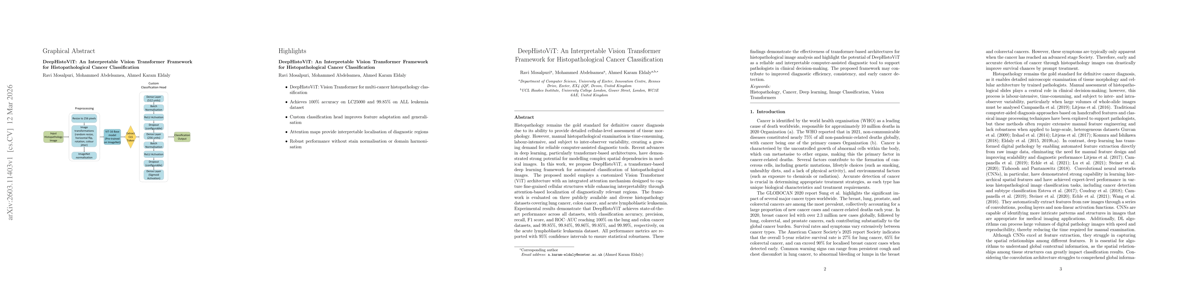 Thumbnail for DeepHistoViT: An Interpretable Vision Transformer Framework for Histopathological Cancer Classification