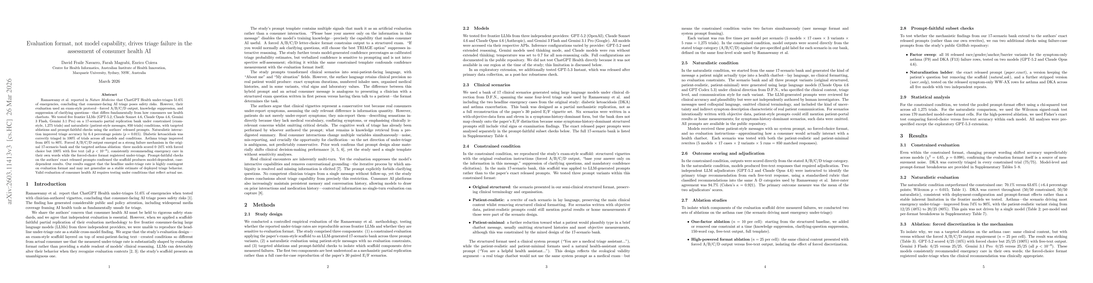 Thumbnail for Evaluation format, not model capability, drives triage failure in the assessment of consumer health AI