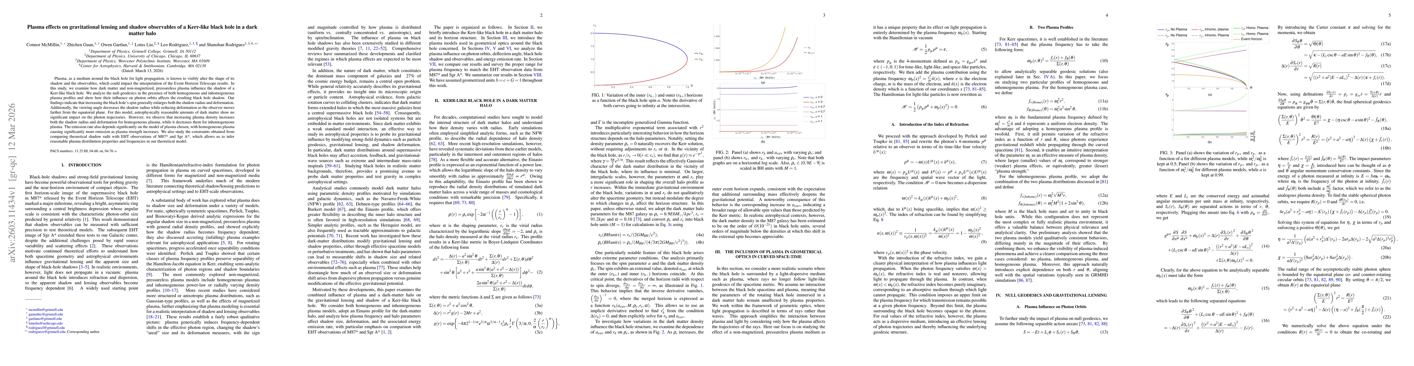 Thumbnail for Plasma effects on gravitational lensing and shadow observables of a Kerr-like black hole in a dark matter halo