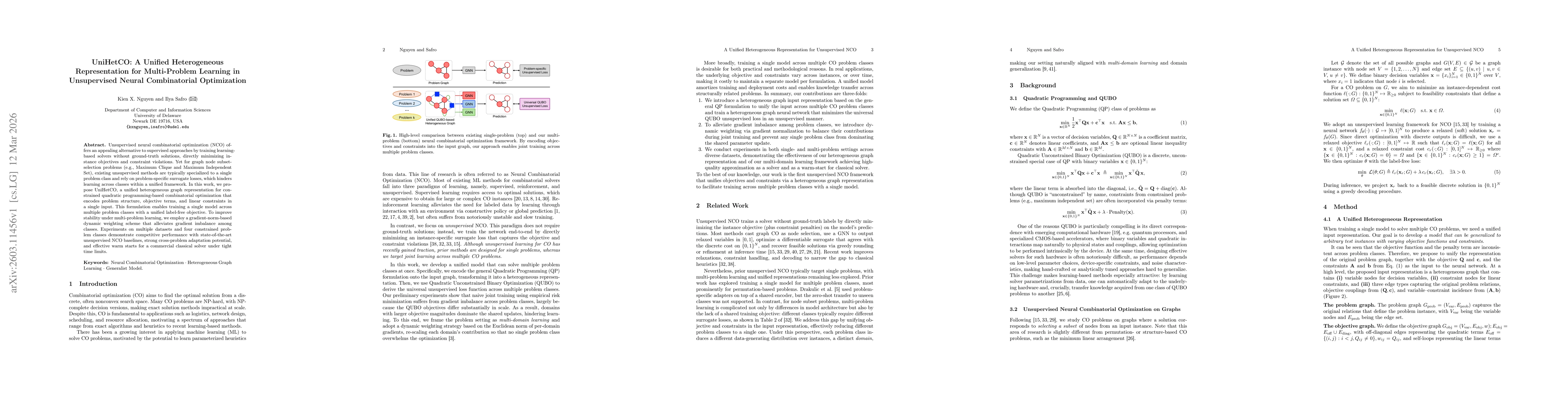 Thumbnail for UniHetCO: A Unified Heterogeneous Representation for Multi-Problem Learning in Unsupervised Neural Combinatorial Optimization